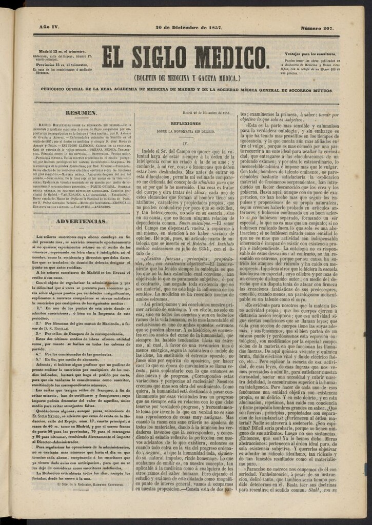 Miniatura de El Siglo Médico: boletín de medicina y gaceta médica del 20 de diciembre de 1857, nº 207