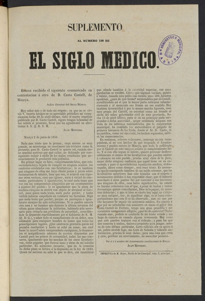 Miniatura de El Siglo Médico: boletín de medicina y gaceta médica del 15 de junio de 1856, suplemento al nº 128