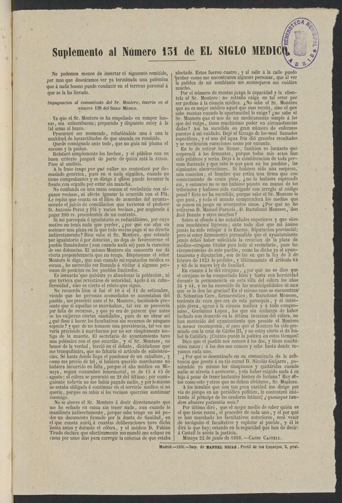 Miniatura de El Siglo Médico: boletín de medicina y gaceta médica del 6 de julio de 1856, suplemento al nº 131