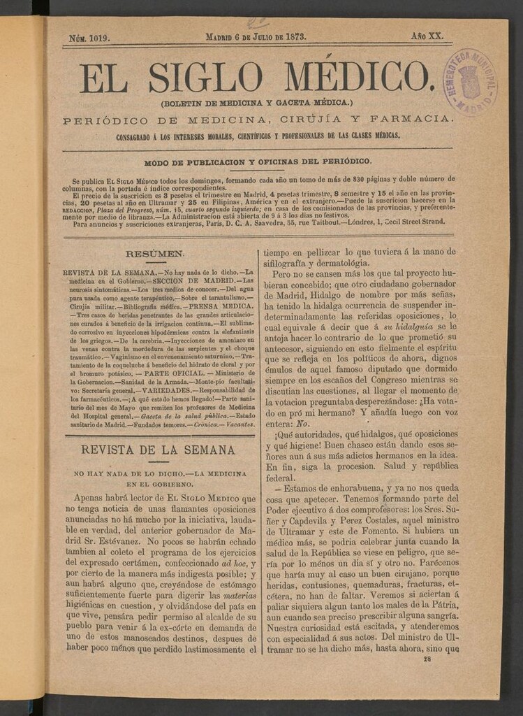Miniatura de El Siglo Médico: boletín de medicina y gaceta médica del 6 de julio de 1873