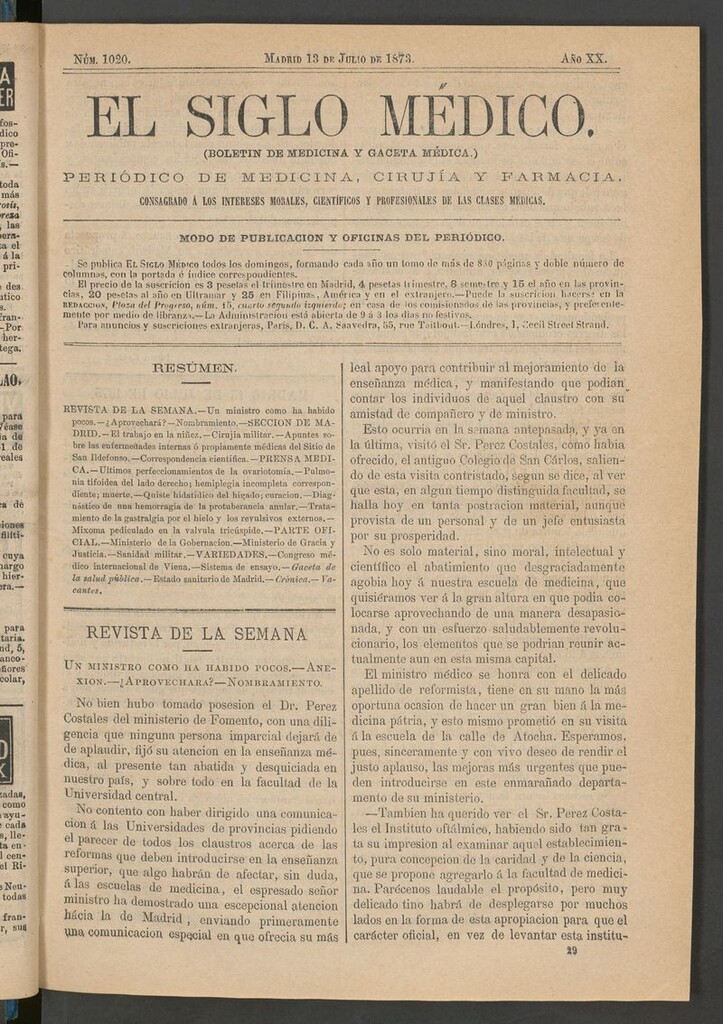 Miniatura de El Siglo Médico: boletín de medicina y gaceta médica del 13 de julio de 1873