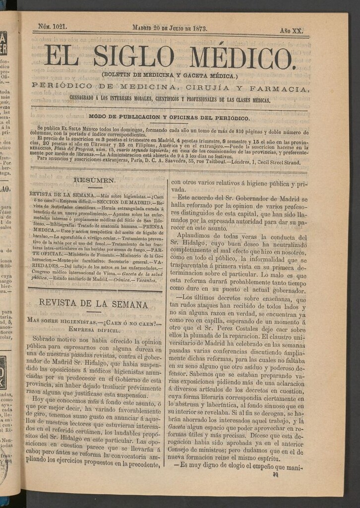 Miniatura de El Siglo Médico: boletín de medicina y gaceta médica del 20 de julio de 1873