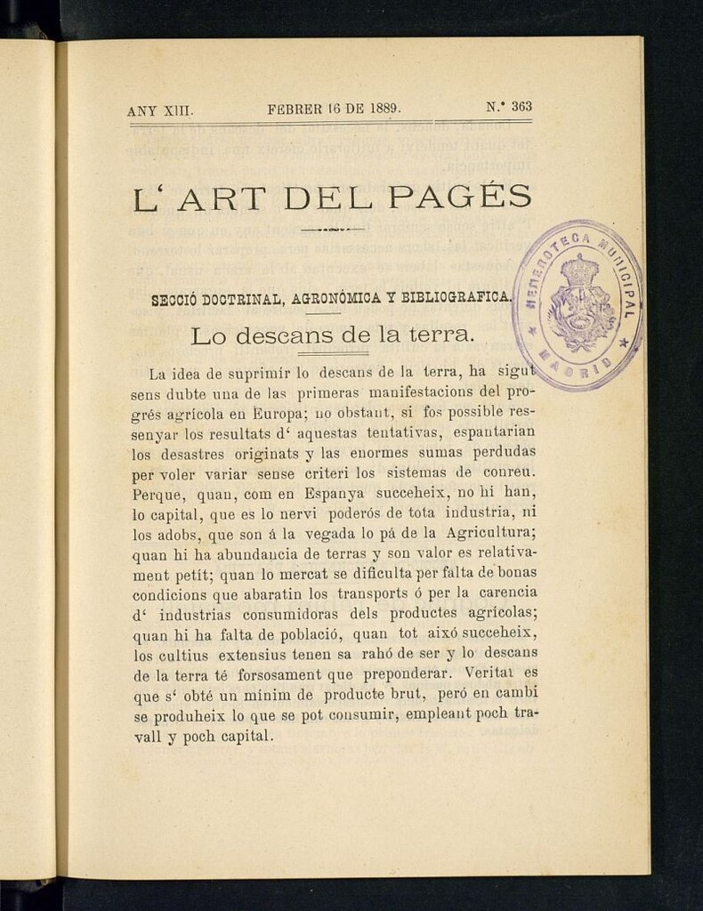 Miniatura de L´Art del Pagés del 16 de febrero de 1889