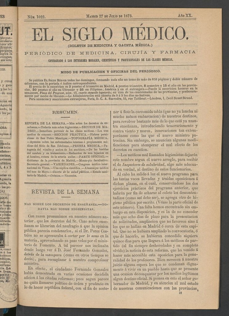 Miniatura de El Siglo Médico: boletín de medicina y gaceta médica del 27 de julio de 1873