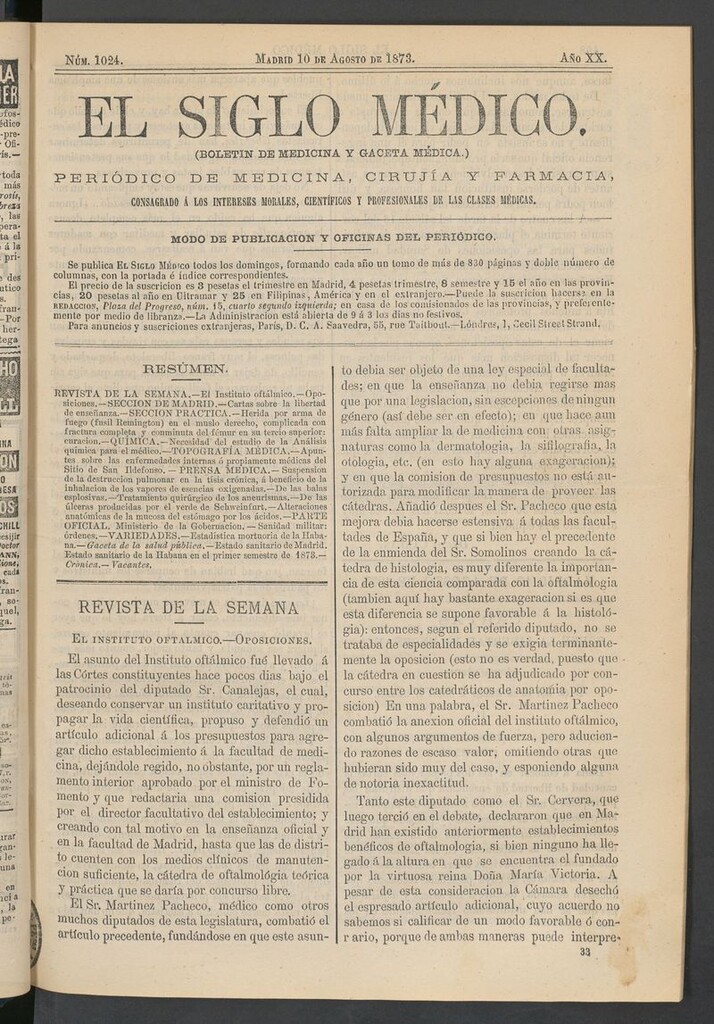 Miniatura de El Siglo Médico: boletín de medicina y gaceta médica del 10 de agosto de 1873