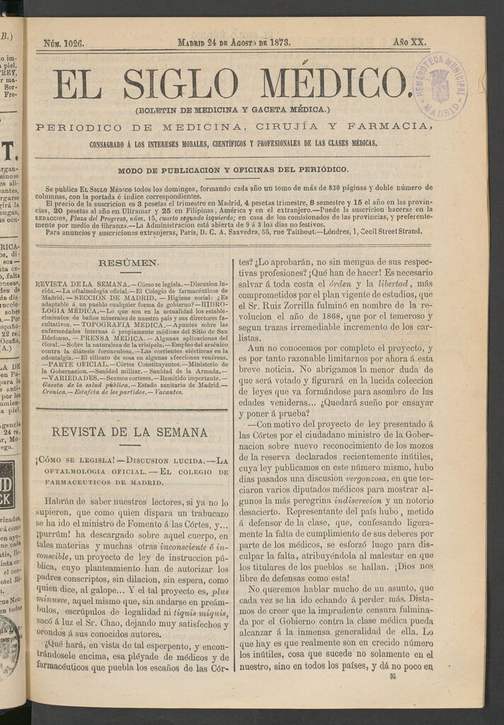 Miniatura de El Siglo Médico: boletín de medicina y gaceta médica del 24 de agosto de 1873