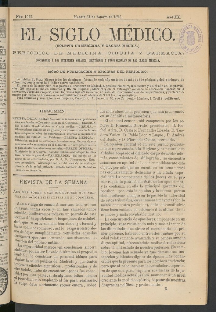Miniatura de El Siglo Médico: boletín de medicina y gaceta médica del 31 de agosto de 1873