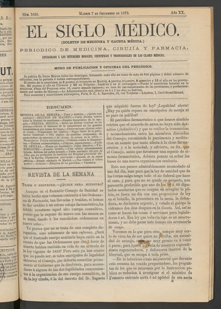 Miniatura de El Siglo Médico: boletín de medicina y gaceta médica del 7 de septiembre de 1873