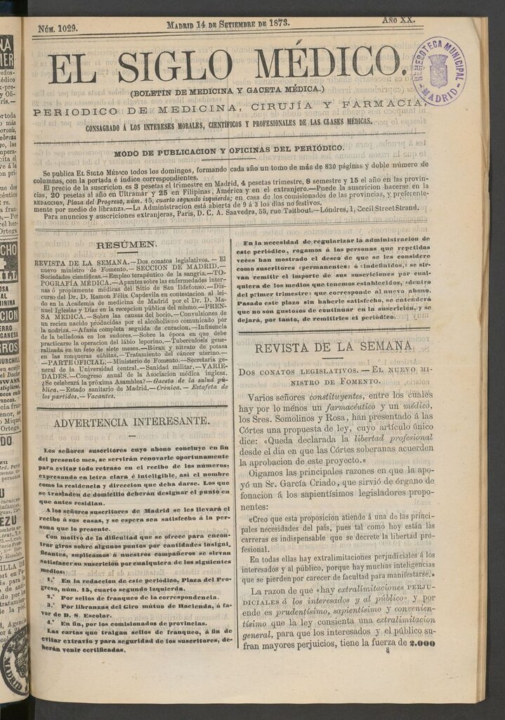 Miniatura de El Siglo Médico: boletín de medicina y gaceta médica del 14 de septiembre de 1873