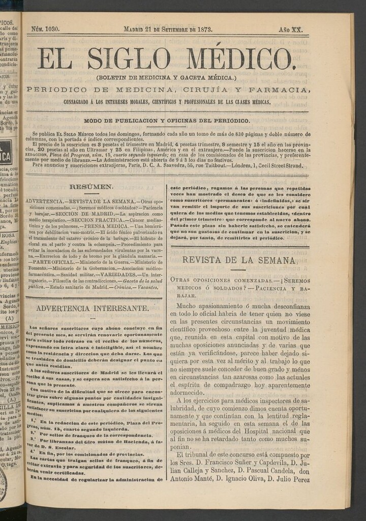 Miniatura de El Siglo Médico: boletín de medicina y gaceta médica del 21 de septiembre de 1873