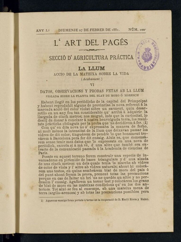 Miniatura de L´Art del Pagés del 27 de febrero de 1881