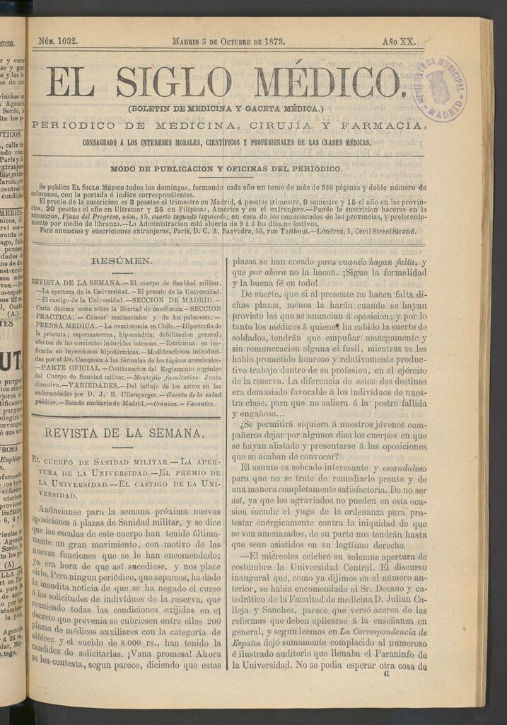 Miniatura de El Siglo Médico: boletín de medicina y gaceta médica del 5 de octubre de 1873