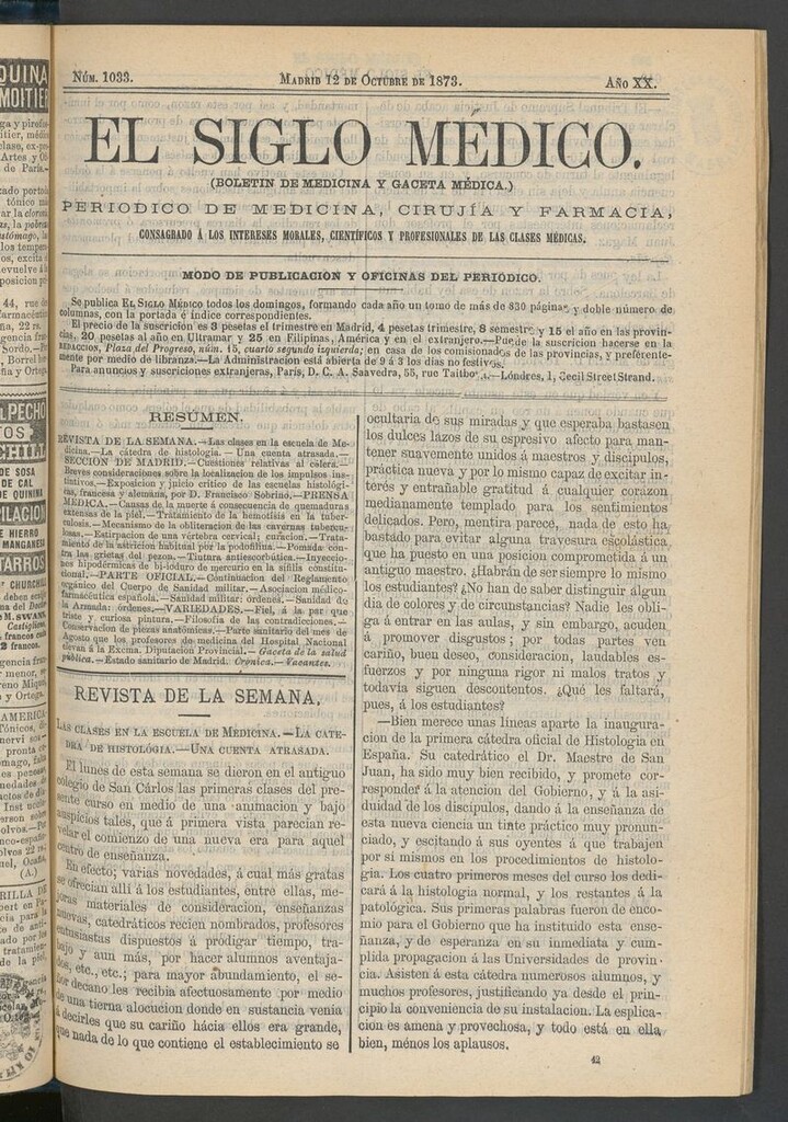 Miniatura de El Siglo Médico: boletín de medicina y gaceta médica del 12 de octubre de 1873