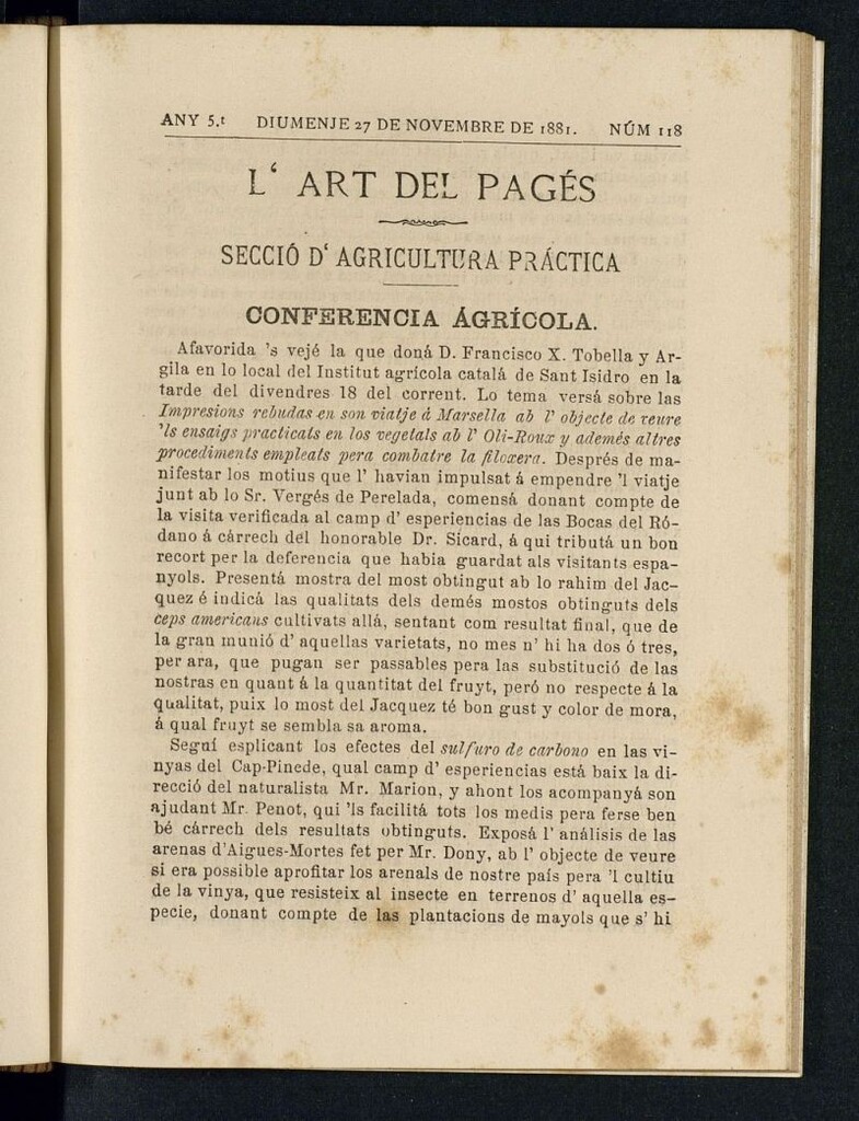 Miniatura de L´Art del Pagés del 27 de noviembre de 1881