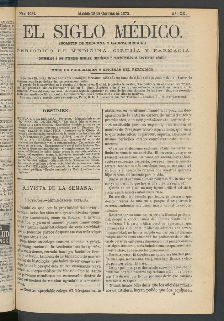 Miniatura de El Siglo Médico: boletín de medicina y gaceta médica del 19 de octubre de 1873