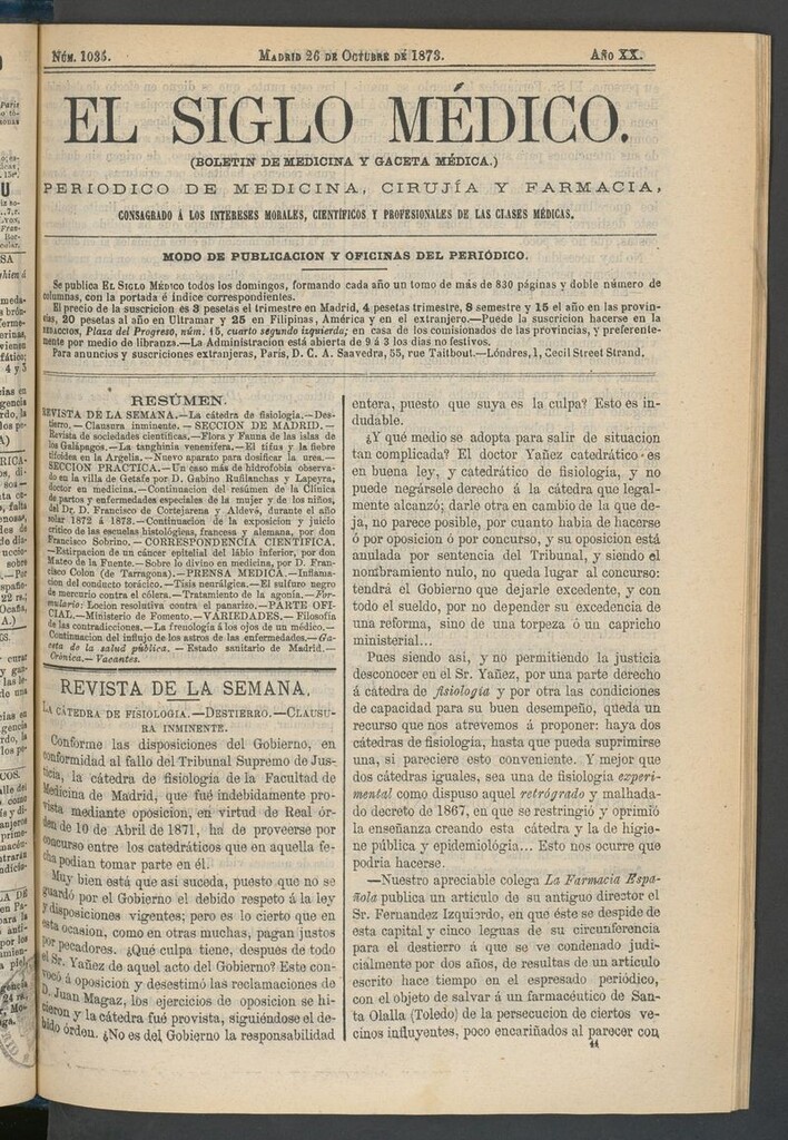 Miniatura de El Siglo Médico: boletín de medicina y gaceta médica del 26 de octubre de 1873