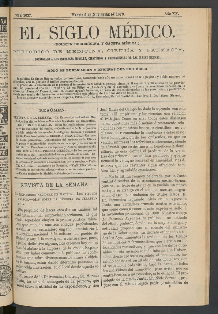Miniatura de El Siglo Médico: boletín de medicina y gaceta médica del 9 de noviembre de 1873