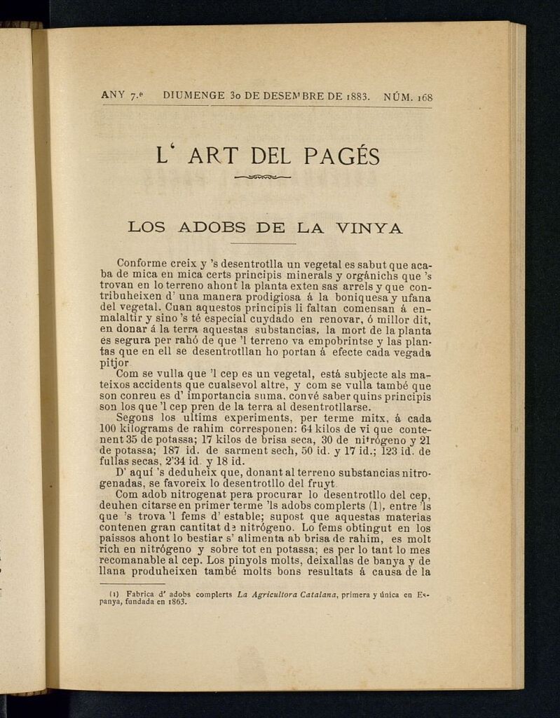 Miniatura de L´Art del Pagés del  30 [sic] de diciembre de 1883 Nº 168