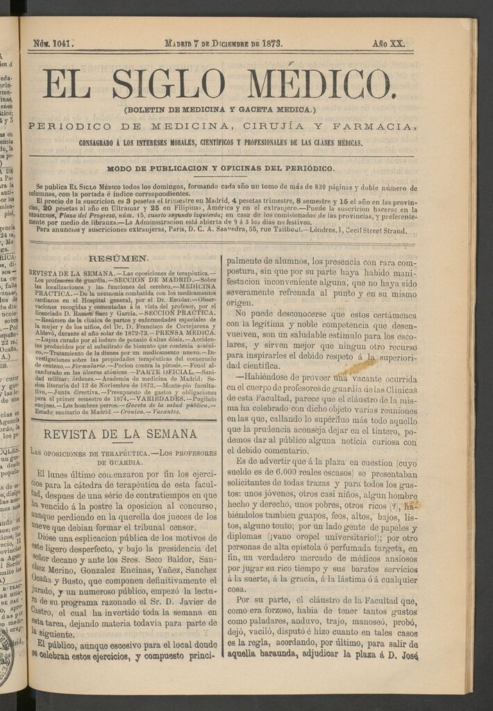 Miniatura de El Siglo Médico: boletín de medicina y gaceta médica del 7 de diciembre de 1873