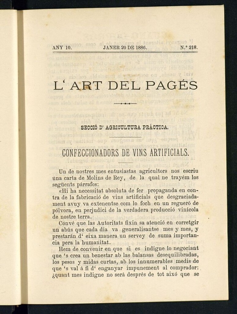 Miniatura de L´Art del Pagés del 20 de enero de 1886
