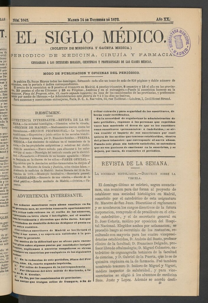 Miniatura de El Siglo Médico: boletín de medicina y gaceta médica del 14 de diciembre de 1873