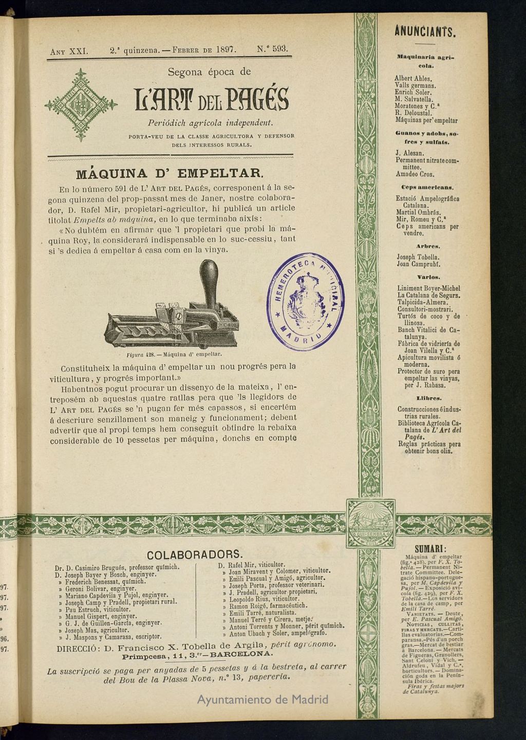 Miniatura de L´Art del Pagés de la 2ª quincena de febrero de 1897