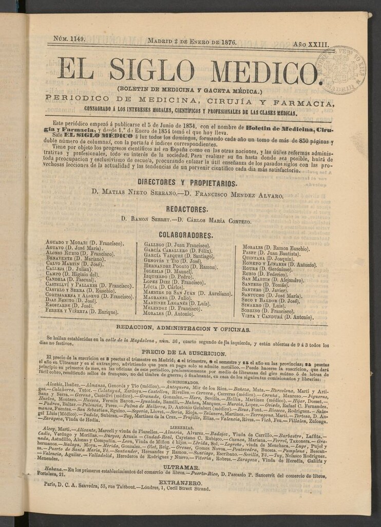 Miniatura de El Siglo Médico: boletín de medicina y gaceta médica del 2 de enero de 1876
