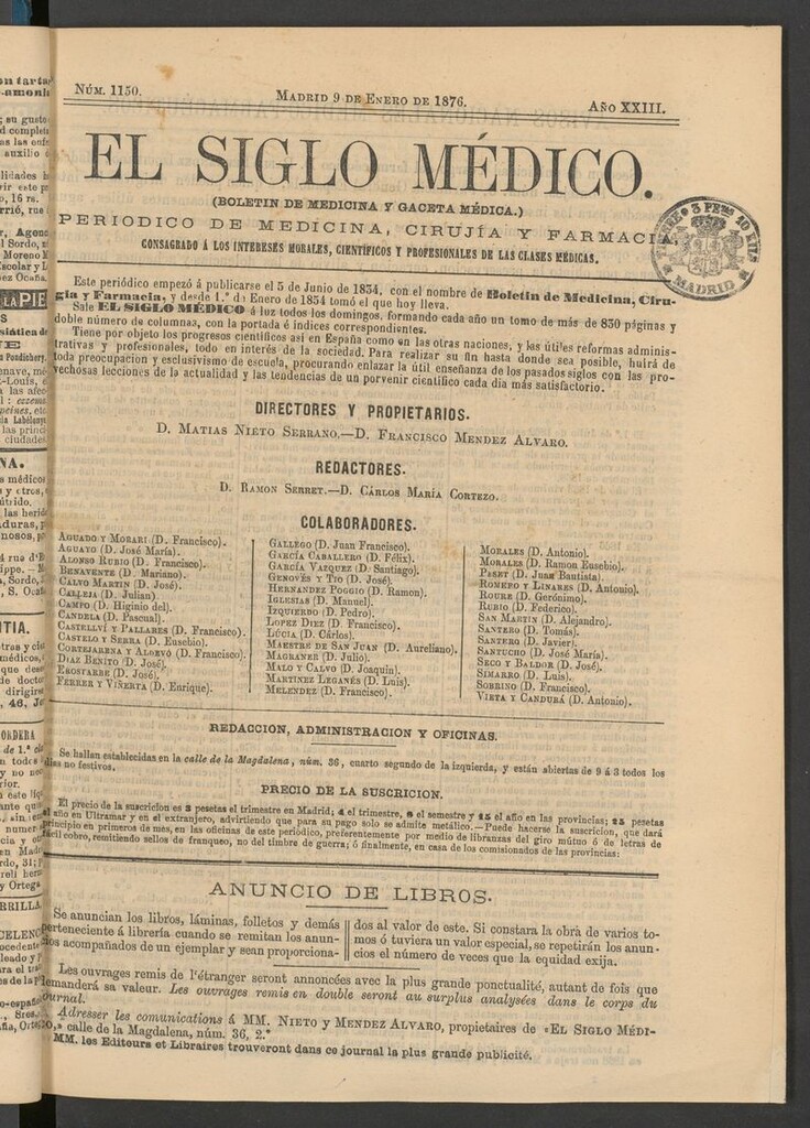 Miniatura de El Siglo Médico: boletín de medicina y gaceta médica del 9 de enero de 1876