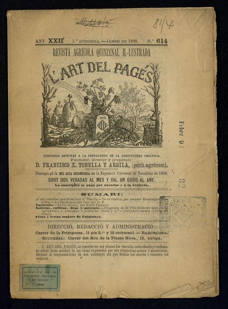 Miniatura de L´Art del Pagés de la 1ª quincena de enero de 1898