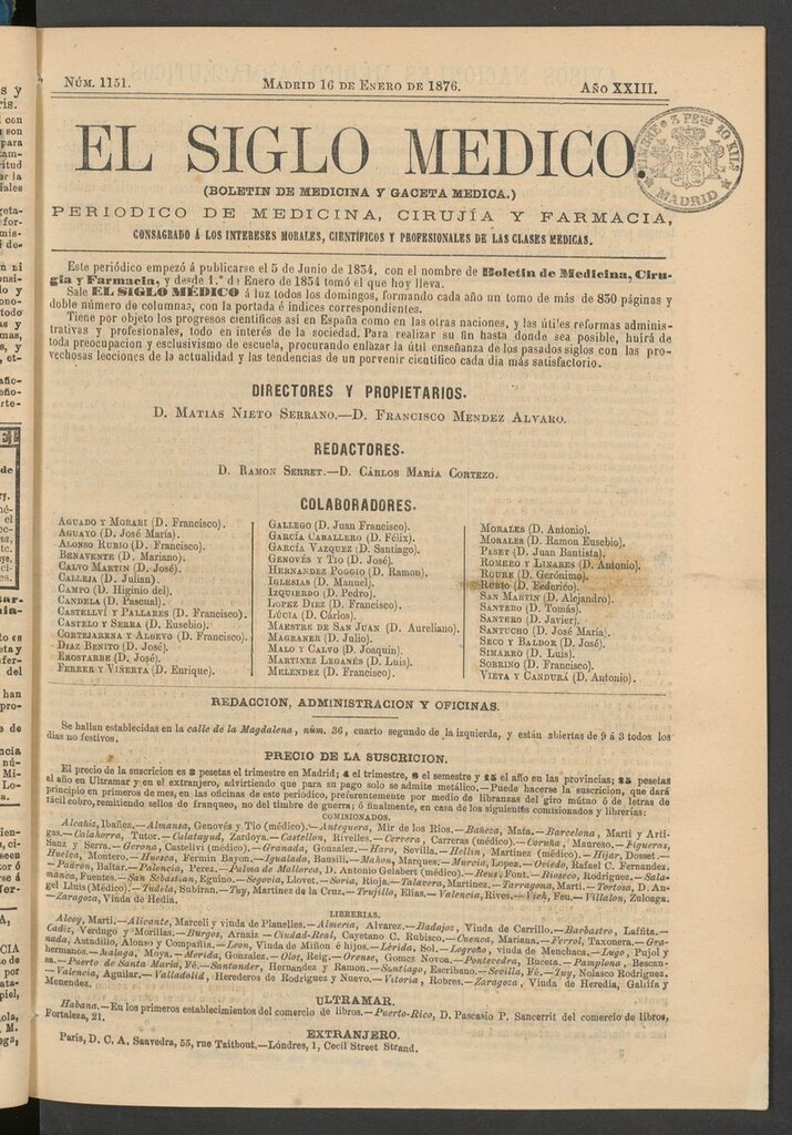 Miniatura de El Siglo Médico: boletín de medicina y gaceta médica del 16 de enero de 1876