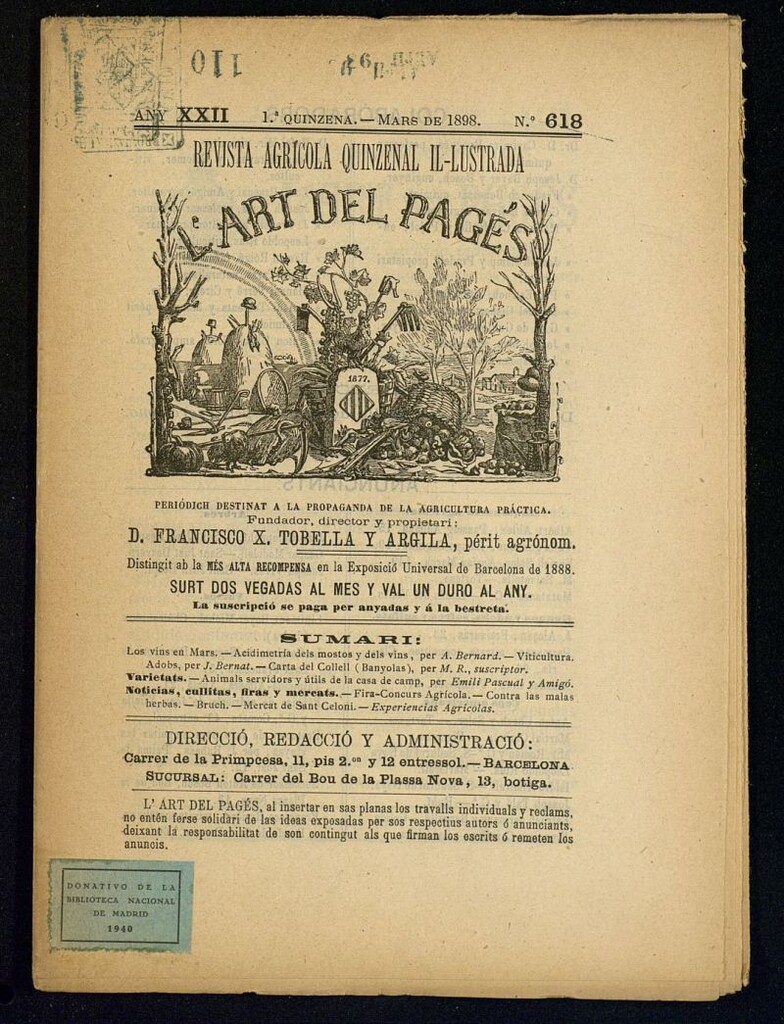 Miniatura de L´Art del Pagés de la 1ª quincena de marzo de 1898