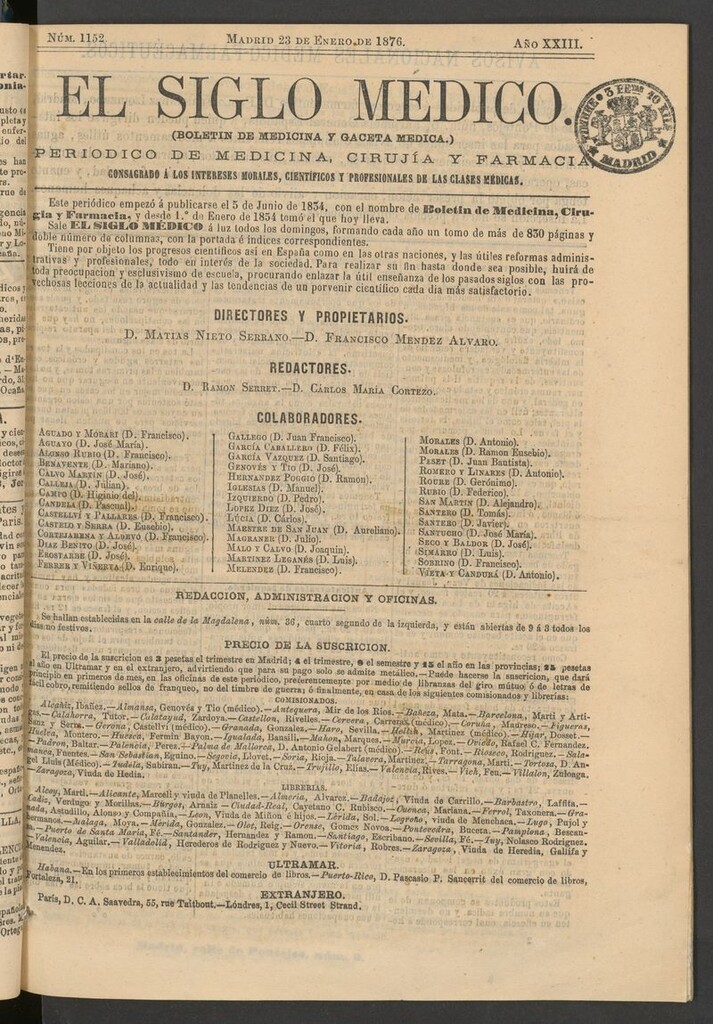 Miniatura de El Siglo Médico: boletín de medicina y gaceta médica del 23 de enero de 1876