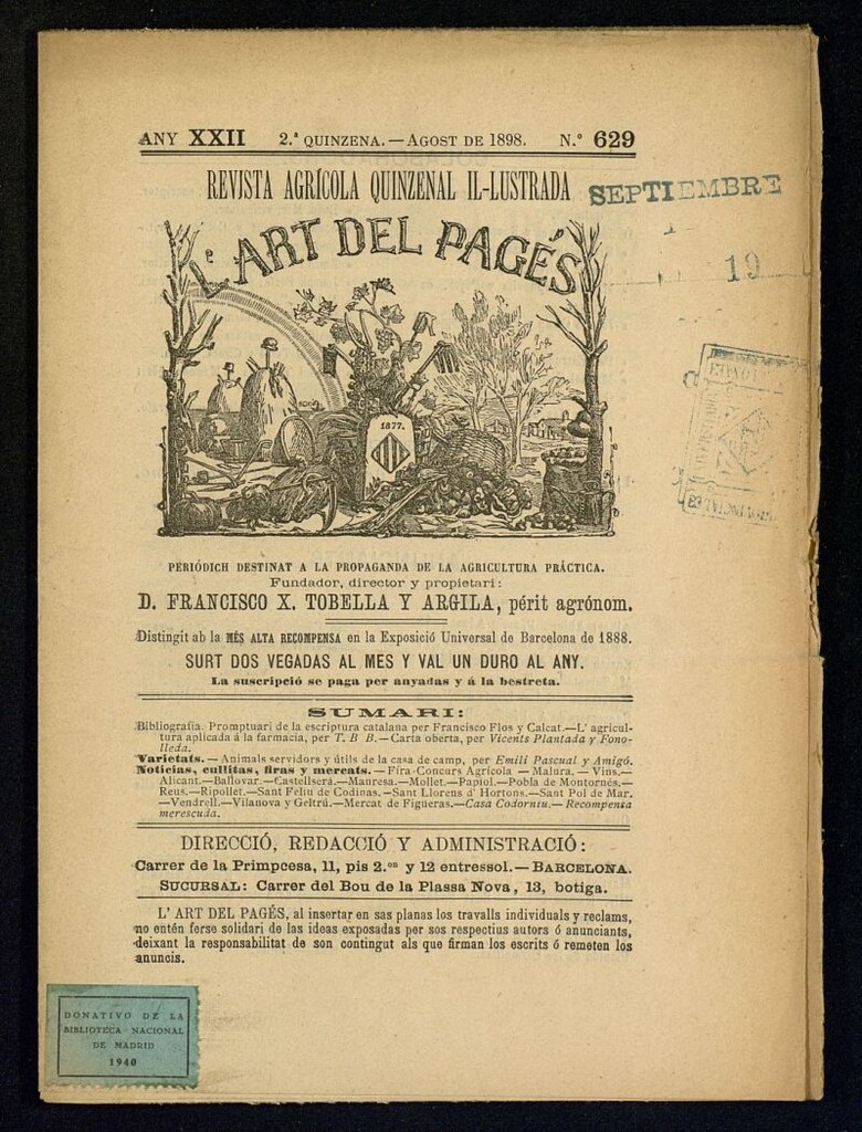Miniatura de L´Art del Pagés de la 2ª quincena de agosto de 1898