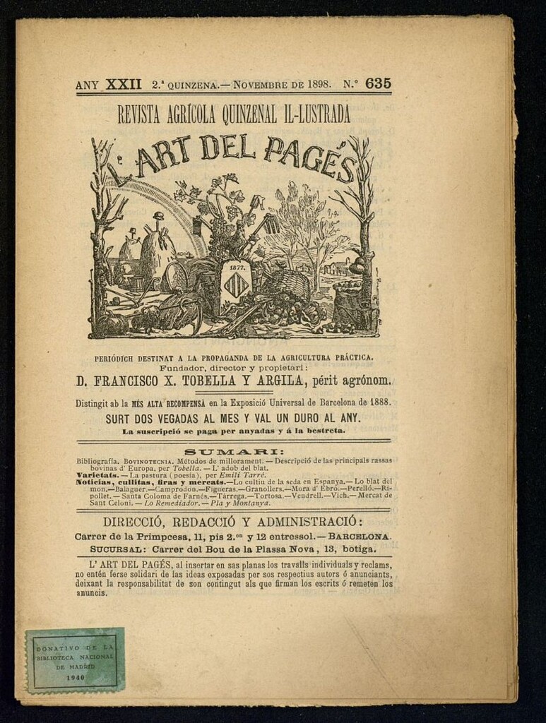 Miniatura de L´Art del Pagés de la 2ª quincena de noviembre de 1898