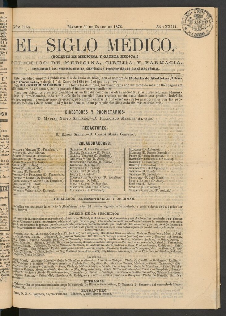 Miniatura de El Siglo Médico: boletín de medicina y gaceta médica del 30 de enero de 1876