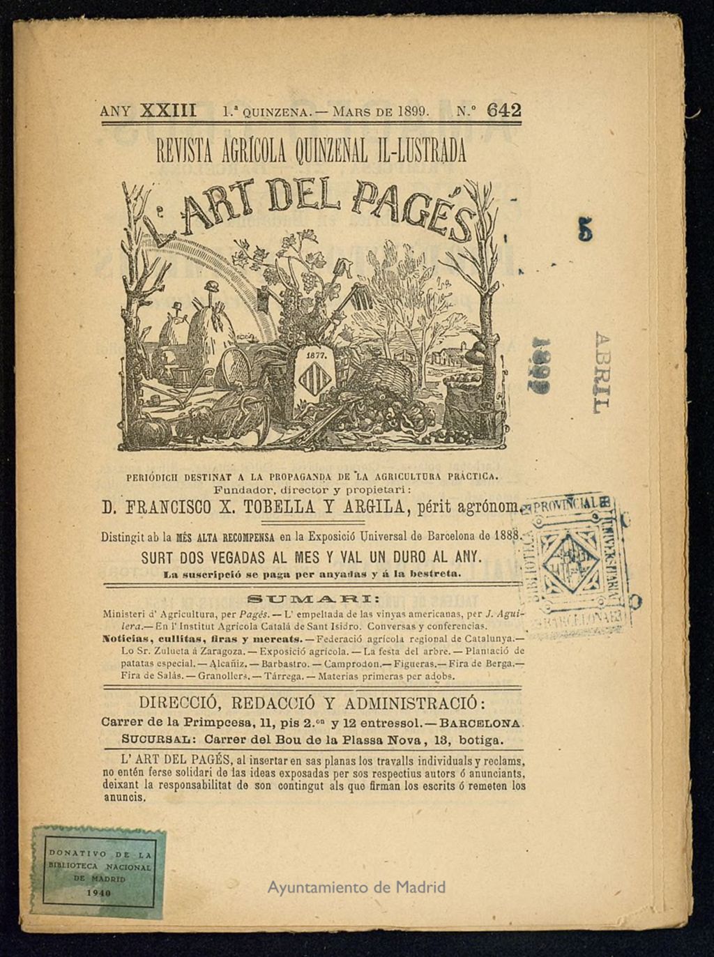 Miniatura de L´Art del Pagés de la 1ª quincena de marzo de 1899