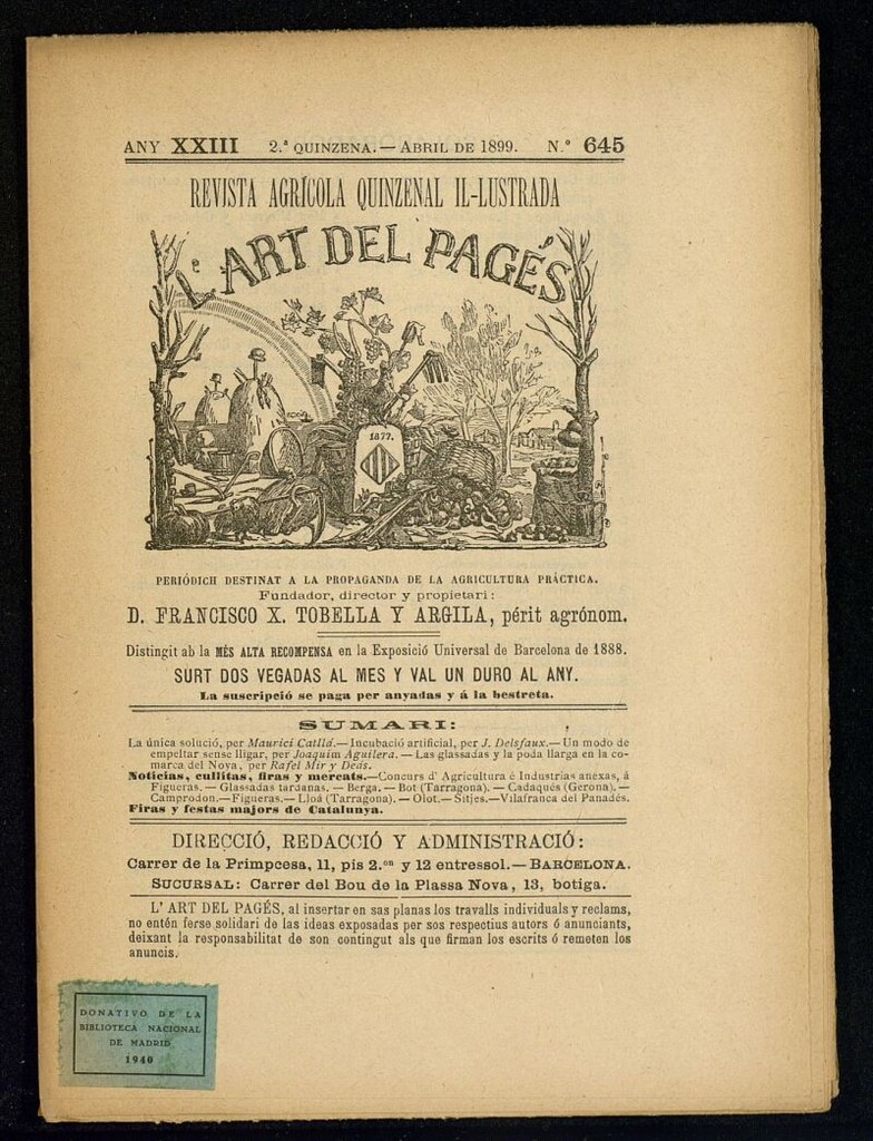 Miniatura de L´Art del Pagés de la 2ª quincena de abril de 1899