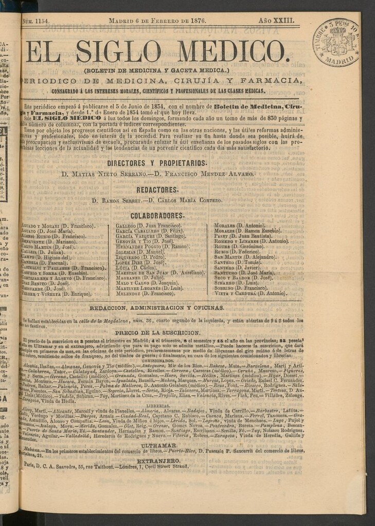 Miniatura de El Siglo Médico: boletín de medicina y gaceta médica del 6 de febrero de 1876