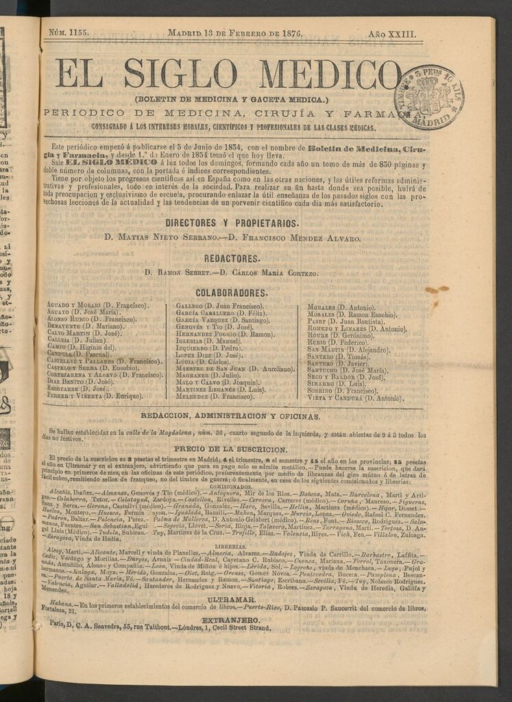Miniatura de El Siglo Médico: boletín de medicina y gaceta médica del 13 de febrero de 1876