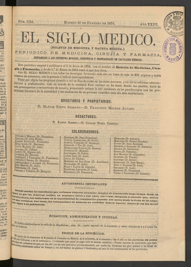 Miniatura de El Siglo Médico: boletín de medicina y gaceta médica del 20 de febrero de 1876