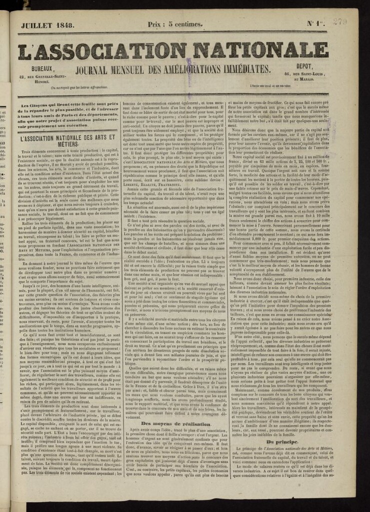 Miniatura de L´Association Nationale: journal mensuel des améliorations inmédiates de julio de 1848, nº 1