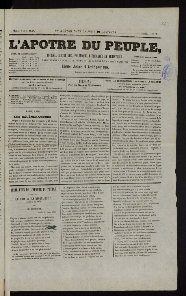 Miniatura de L´Apôtre du Peuple: journal socialiste, politique, littéraire et artistique del 6 de junio de 1848, nº 2