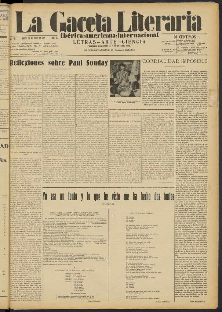 Miniatura de La Gaceta Literaria : ibérica, americana, internacional del 15 de agosto de 1929, nº 64