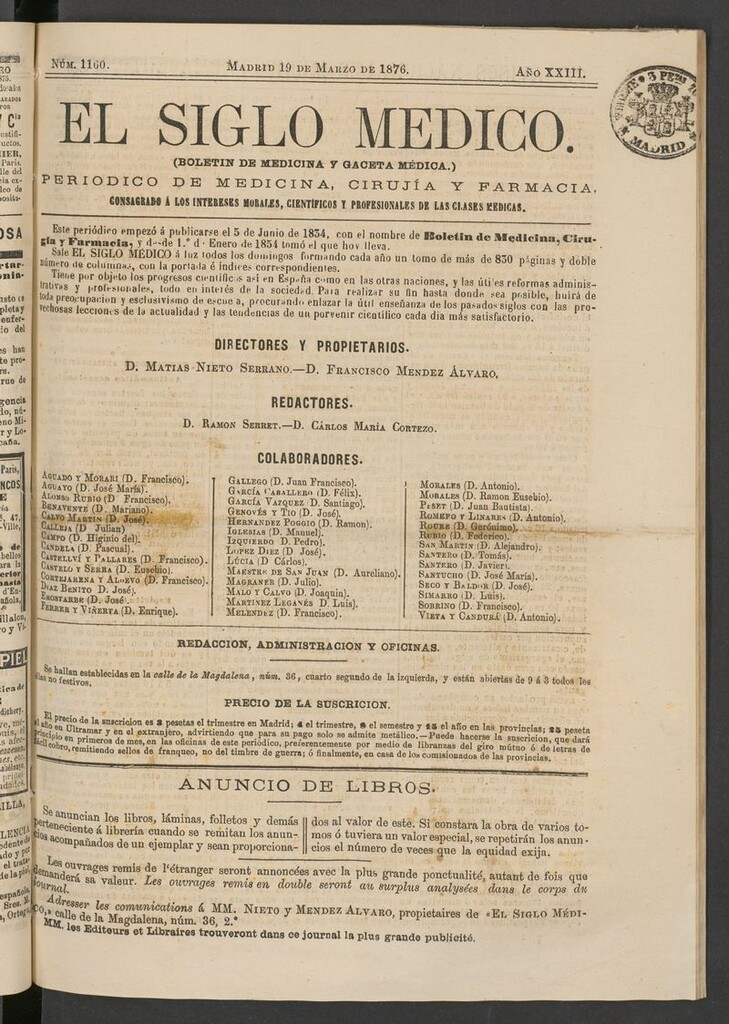 Miniatura de El Siglo Médico: boletín de medicina y gaceta médica del 19 de marzo de 1876