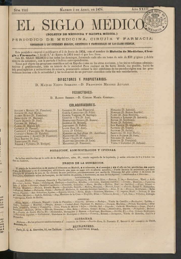 Miniatura de El Siglo Médico: boletín de medicina y gaceta médica del 2 de abril de 1876