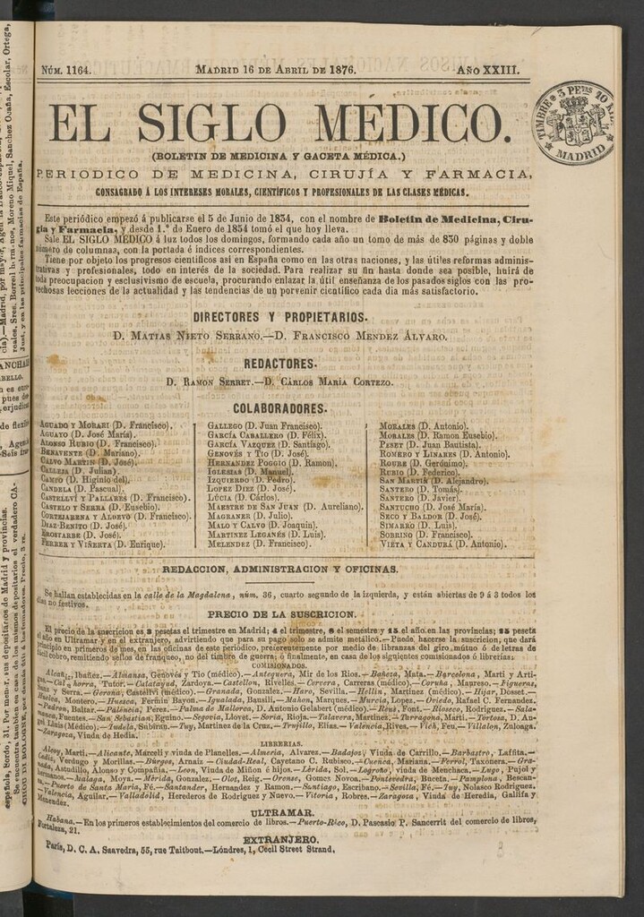Miniatura de El Siglo Médico: boletín de medicina y gaceta médica del 16 de abril de 1876