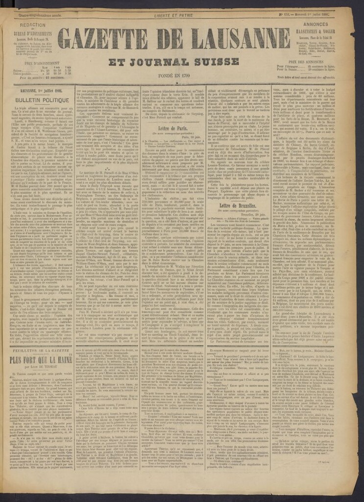 Miniatura de Gazette de Lausanne et Journal Suisse del 1 de julio de 1891, nº 153