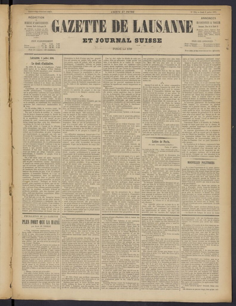 Miniatura de Gazette de Lausanne et Journal Suisse del 2 de julio de 1891, nº 154