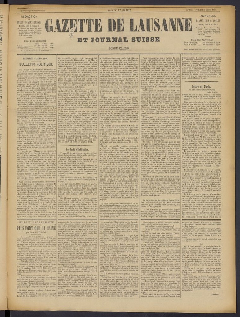 Miniatura de Gazette de Lausanne et Journal Suisse del 3 de julio de 1891, nº 155