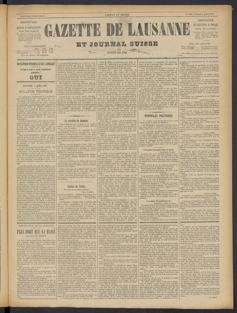 Miniatura de Gazette de Lausanne et Journal Suisse del 4 de julio de 1891, nº 156
